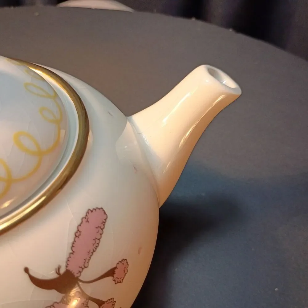 Vintage Paul Cardew French Poodle Teapot & Lid, MCM Pink Deco, England, 18K Gold